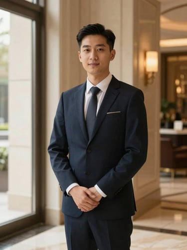 Elegant editorial portrait of a hospitality executive in a luxury hotel lobby, warm window light, deep navy and champagne gold tones, shallow depth of field, 35mm
