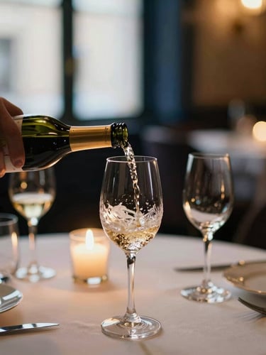 Close-up of hands pouring fine wine into a crystal glass at a dimly lit luxury restaurant table, warm golden candlelight, soft focus background, editorial 35mm