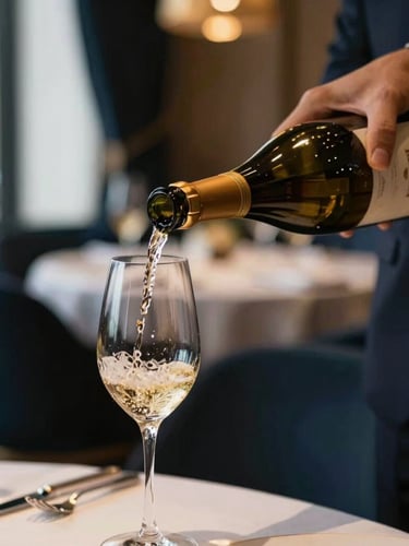 Close-up of a sommelier pouring fine wine into a crystal glass in a dimly lit luxury restaurant, golden champagne accents, elegant atmosphere, 35mm