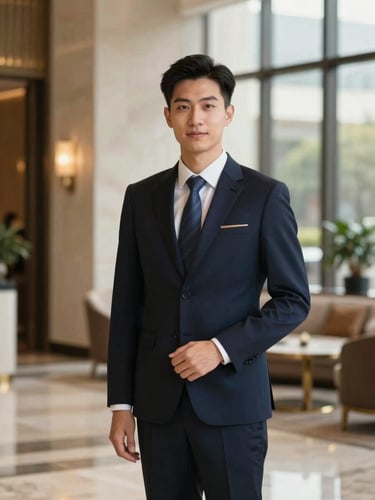 Elegant editorial portrait of a hospitality executive in a luxury hotel lobby, soft warm window light, deep navy tones, shallow depth of field, 35mm