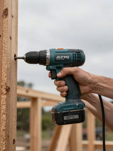 Close-up of weathered hands gripping a power drill mid-use on a timber frame, natural overcast daylight, sawdust visible in the foreground, raw workshop environment
