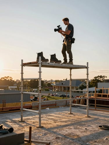 Wide shot of a job site at golden hour, a trades creator filming a product review of work boots on scaffolding, camera held at chest height, natural warm light raking across steel and concrete, no posed figures