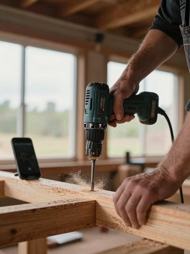 Close-up of a tradesperson's hands operating a power drill on timber framing, phone propped nearby capturing the work, natural overcast daylight from a site window, sawdust visible mid-air, raw workshop environment