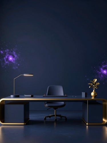 Futuristic clean tech aesthetic, architectural shot of a modern minimalist workspace with subtle cosmic lighting, dark space-blue tone, gold accents