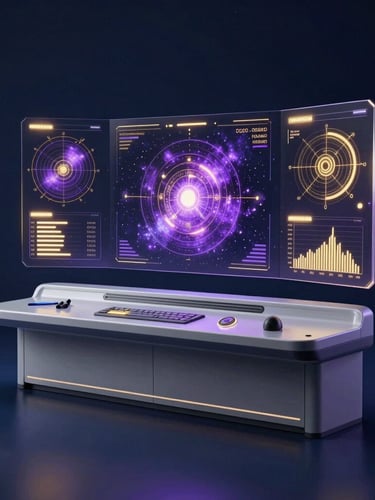 Sleek 3D render of a futuristic digital control center, dark space-blue background, glowing cosmic purple and gold holographic charts, clean tech style
