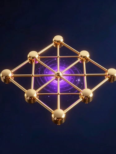 Sleek 3d render of a glowing golden network node, dark space-blue background, sharp metallic lines, cosmic purple light accents, macro perspective