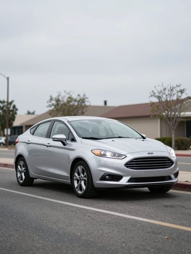 A clean silver modern sedan parked on a quiet street in Chandler's Ford, soft overcast daylight, cool silver tones, sharp focus, 35mm