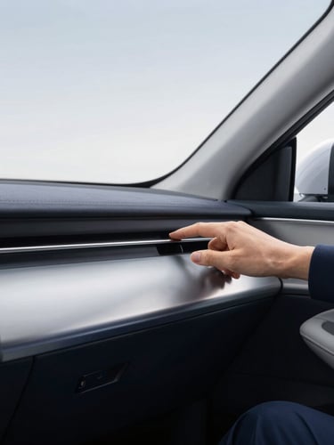 Close-up of a professional driver in smart-casual attire adjusting the climate controls in a clean, modern vehicle interior, soft daylight