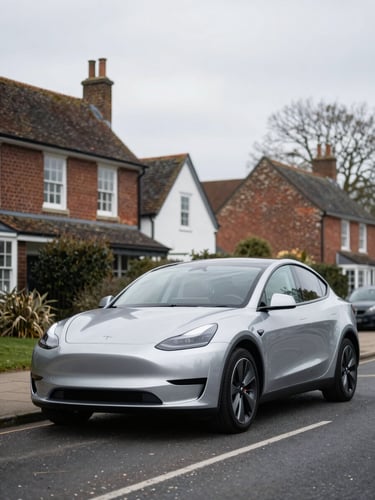 A clean silver modern sedan parked on a quiet Hampshire street, soft overcast daylight, sharp focus, 35mm
