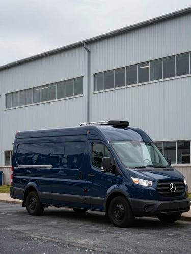 A secure transport vehicle parked outside a modern industrial facility in Stafford, Virginia, cool overcast daylight, sharp focus