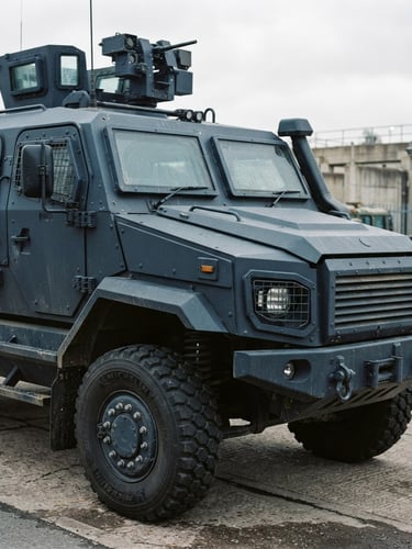 A close-up of a secure tactical transport vehicle in cool overcast daylight, deep steel gray tones, sharp focus, 35mm lens