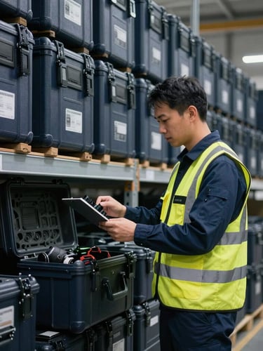 Professional logistics coordinator in a structured warehouse, wearing a safety vest, examining tactical equipment cases under cool industrial lighting, sharp focus