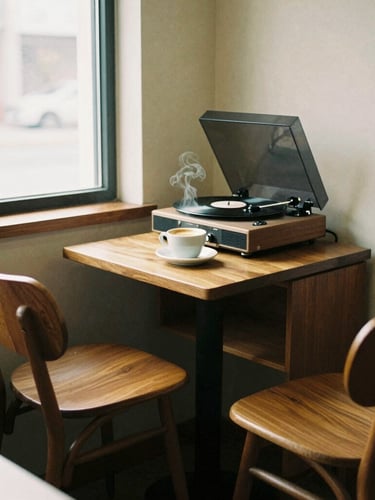 Bespoke mid-century modern cafe corner, warm wooden chairs, vintage vinyl record player on a sideboard, steaming ceramic coffee cup, soft morning window light, 35mm film style