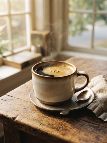 A steaming cup of black coffee with rich crema on a rustic wooden table, warm morning light streaming through a window, 35mm film style