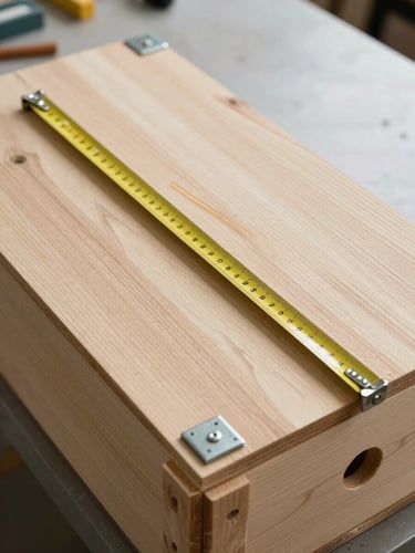 Close-up overhead shot of a wooden crate panel mid-assembly on a workshop floor, measuring tape stretched across the board, pencil marks visible, metal corner hardware beside it, even north-facing studio light, no shadows
