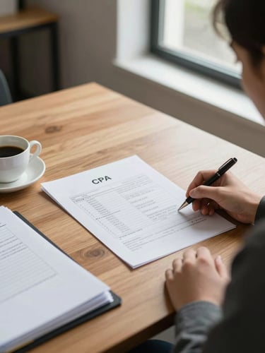 Over-the-shoulder shot of a CPA reviewing a printed financial statement at a clean wooden desk, daylight from a nearby window, a cup of coffee and organized folders in the foreground, calm and focused atmosphere