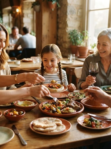 Warm, natural-light photo of a family sharing food at a clean, inviting restaurant table, soft focus on hands and ceramic plates, sunlight streaming from a window on the right, rich earthy tones.