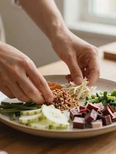 Close-up of hands gently arranging ingredients on a ceramic plate in a sunlit kitchen, focus on fresh textures and careful preparation, warm earthy tones.