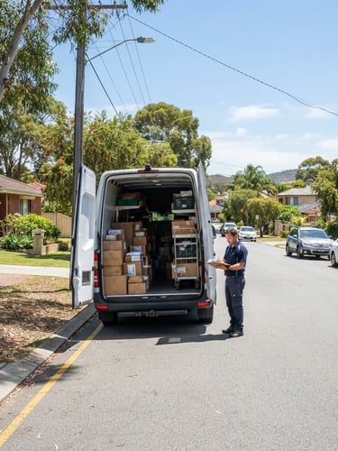 Wide environmental shot of a clean transport van parked on a bright Perth suburban street, secure cargo visible inside, bright Australian daylight.