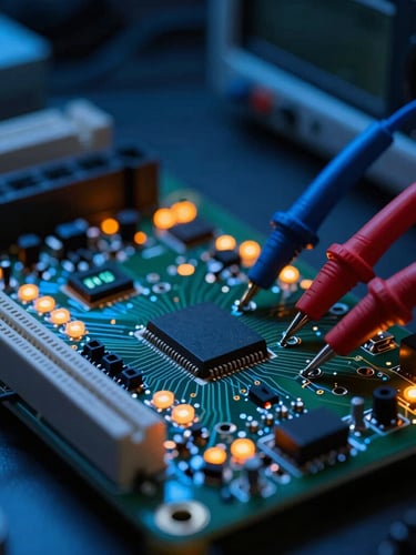 Macro shot of a high-tech circuit board with glowing orange status LEDs, oscilloscope probes attached to test points, dark laboratory background with neon blue ambient light, sharp technical details, 35mm lens.