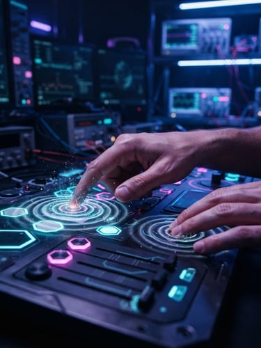 Primer plano de manos interactuando con una interfaz háptica personalizada, con vibraciones sutiles visibles como ondas de luz, en un entorno de laboratorio oscuro con iluminación de neón.