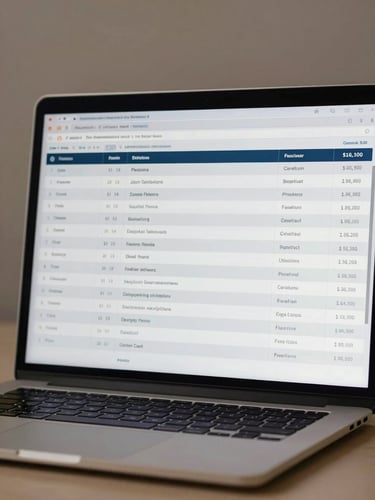 Close-up of a structured conference organizer dashboard interface on a laptop screen, neutral studio lighting, architectural flat-lay composition, agenda and delegate roster visible on screen, no reflections