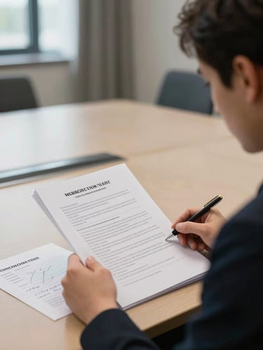 Over-shoulder view of a delegate reviewing printed committee documents and handwritten notes at a conference table, neutral daylight from a nearby window, architectural conference room setting visible in background