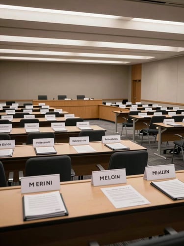 Wide shot of an empty conference room prepared for a MUN session — nameplates arranged on curved tables, stacked delegate folders and printed agendas at each seat, neutral overhead lighting, architectural lines of the room leading to a podium at the far end