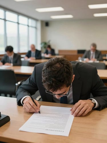 Over-shoulder framing of a delegate at a wide conference table, head bowed over a printed position paper with handwritten margin notes, neutral daylight from tall windows to the left, committee room visible in soft focus behind