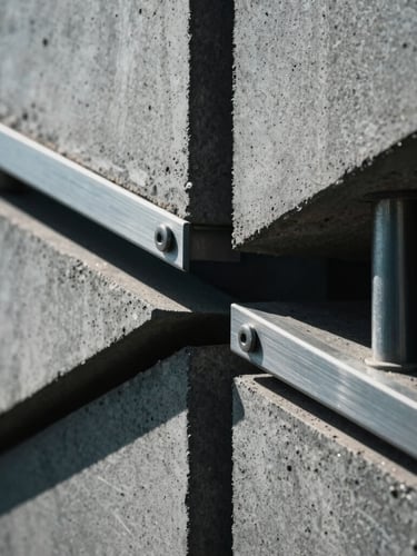 Extreme close-up macro shot of interlocking raw concrete panels and brushed steel fixtures, sharp geometric shadows, low-key dramatic lighting, cool-toned natural light, high-contrast architectural texture.