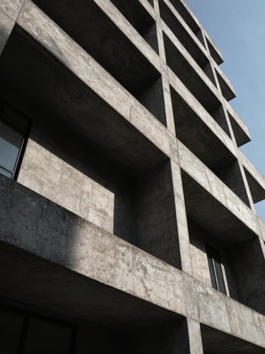 Extreme wide-angle shot of brutalist corporate architecture, deep concrete textures, sharp geometric shadows, low-key lighting.