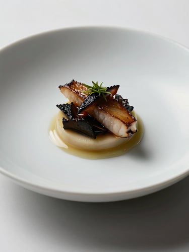Extreme close-up of a minimalist plated dish on a stark white surface, hard studio lighting creating sharp 90-degree shadows, emphasizing structural culinary discipline.