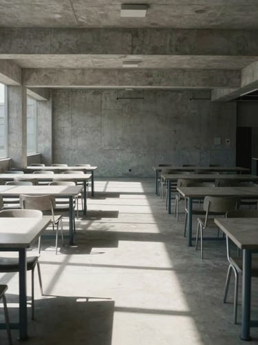 Strictly orthogonal framing of an empty, brutalist concrete dining hall, hard direct sunlight casting sharp geometric shadows across empty tables.