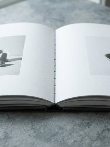 Minimalist editorial photography of a beautifully bound catalog open on a table, crisp daylight, cool slate and stark white tones, macro detail, 50mm