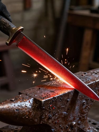 Extreme close-up of a glowing red carbon steel blade on a dark iron anvil, sparks flying, high-contrast side lighting from the forge, deep shadows, rustic workshop background.