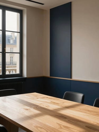 Elegant Parisian office interior with soft natural window daylight casting long shadows on a warm oak table, minimalist architectural lines, 35mm lens editorial style