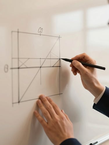 Close-up of hands sketching a clean structural diagram on a whiteboard in a sunlit meeting room, soft focus, warm champagne tones