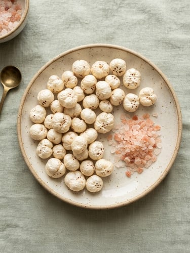 Top-down flat lay of raw makhana seeds and pure sendha namak crystals on a clean ceramic plate, soft natural morning light, shallow depth of field