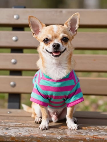 A happy small chihuahua wearing a colorful custom-tailored teal and magenta striped shirt, sitting proudly on a park bench, bright warm natural daylight, eye-level shot, 50mm