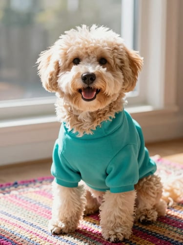 A happy fluffy dog sitting proudly on a colorful woven rug, wearing a vibrant teal pet shirt, warm natural daylight streaming through a window, 50mm lens