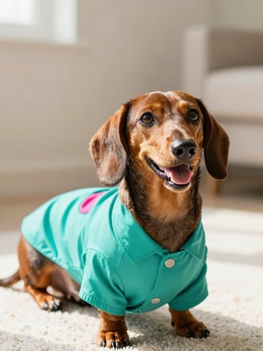 Eye-level bright colorful pet photography of a happy dachshund wearing a custom-tailored vibrant teal shirt in a sunny room, warm daylight, shallow depth of field, 50mm