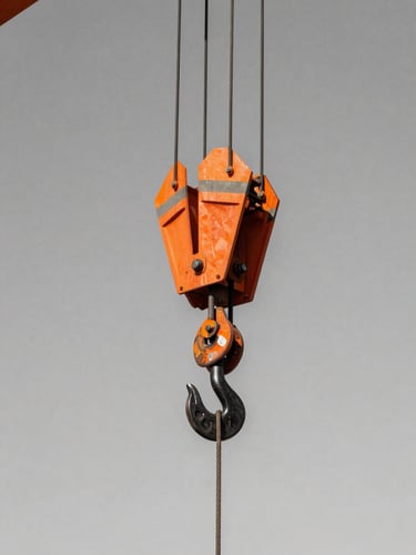 Industrial documentary photography of heavy steel crane rigging hooks and wire rope slings under hard direct daylight, high-contrast desaturated tones with vivid high-vis safety orange accents.