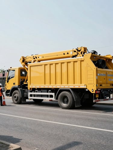 Wide panoramic shot of a yellow municipal crane truck operating on an urban street, workers in high-visibility orange vests setting up cones, hard direct daylight, industrial documentary style.