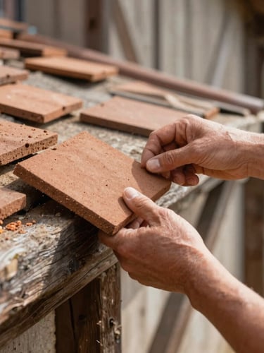Gros plan sur des mains d'artisan couvreur ajustant une tuile plate en terre cuite sur une charpente en bois traditionnelle, lumière naturelle du matin