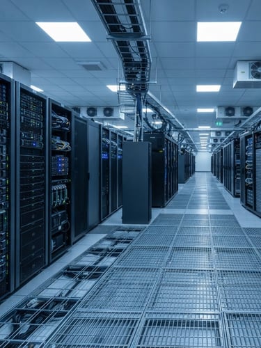 Wide panoramic shot of neatly organized server racks in a modern data center, cool blue and slate gray tones, crisp technical photography, sharp focus, 35mm lens.