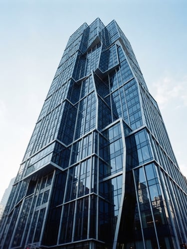 Architectural lines of a modern corporate high-rise reflecting cool daylight, sharp focus, deep navy and silver tones, 35mm