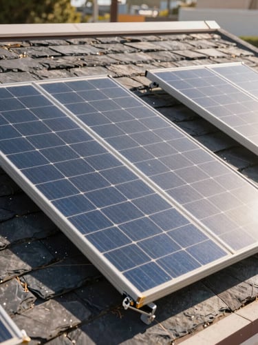 Close-up architectural detail of modern solar panels mounted cleanly on a dark slate roof, bright Southern California morning light, sharp focus