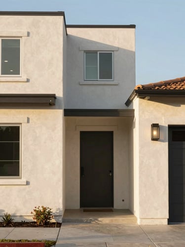 Straight-on architectural shot of a modern San Diego home with clean lines, warm sand-toned stucco, and soft late afternoon sunlight.