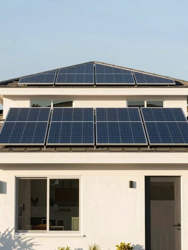 Straight-on architectural shot of a modern San Diego home with integrated solar panels on a crisp roofline, bright afternoon light