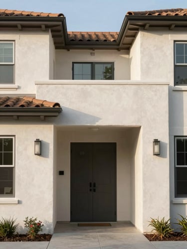 Straight-on architectural shot of a modern home exterior with clean stucco lines under soft afternoon Southern California sunlight, crisp focus